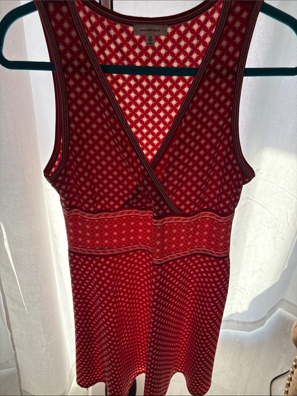 Max Studio Red and Cream Geometric Sleeveless Knit Dress